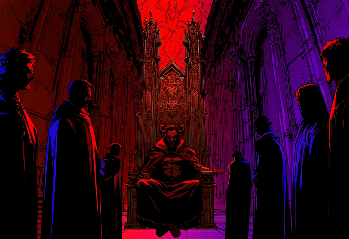 an adult demon lord age 40 and an adult summoned hero age 35 negotiating alone in a dark throne hall, mutual respect, red and violet light, adult isekai manhwa art style