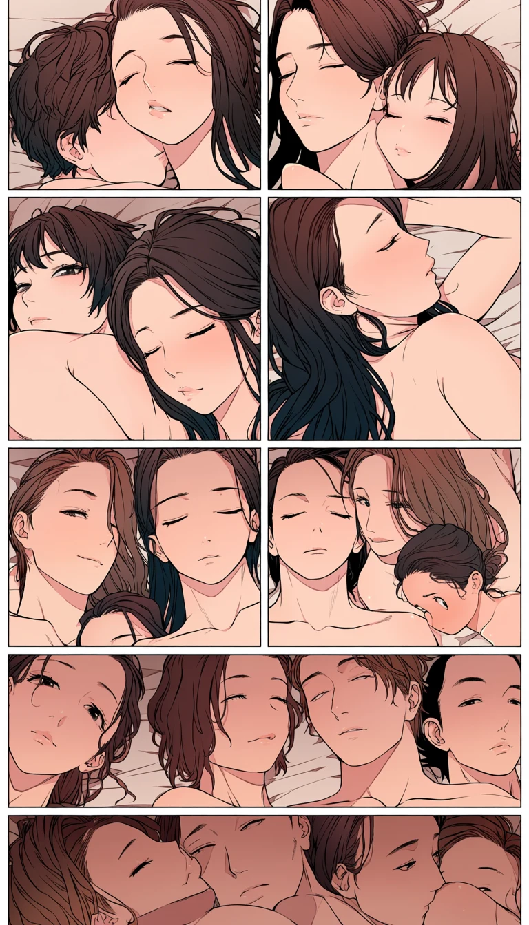 a nude adult couple age 35 and 33 asleep together in one wide closing comic panel, soft gradient shading, empty caption box, adult hentai comic page