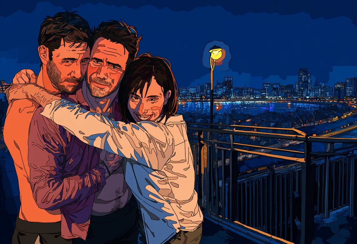 two adult men age 32 and 36 embracing shirtless on a rain-lit Seoul balcony at night, warm lamp light against cold city blue, explicit gay adult manhwa art style