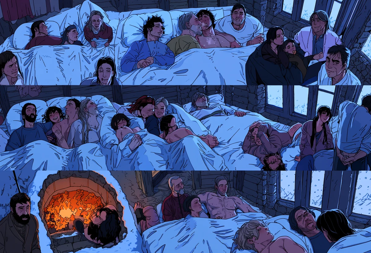 two adult men age 32 and 37 sharing a futon in a snowbound mountain inn, shared body heat, blue window light against an orange brazier, yaoi art style