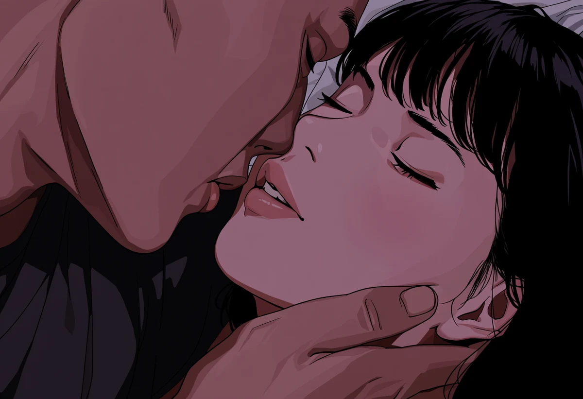 a married adult couple age 41 and 39 in a dim bedroom, his hand at her jaw and her eyes closed, twenty years of practice, warm low key light, explicit adult manhwa art style