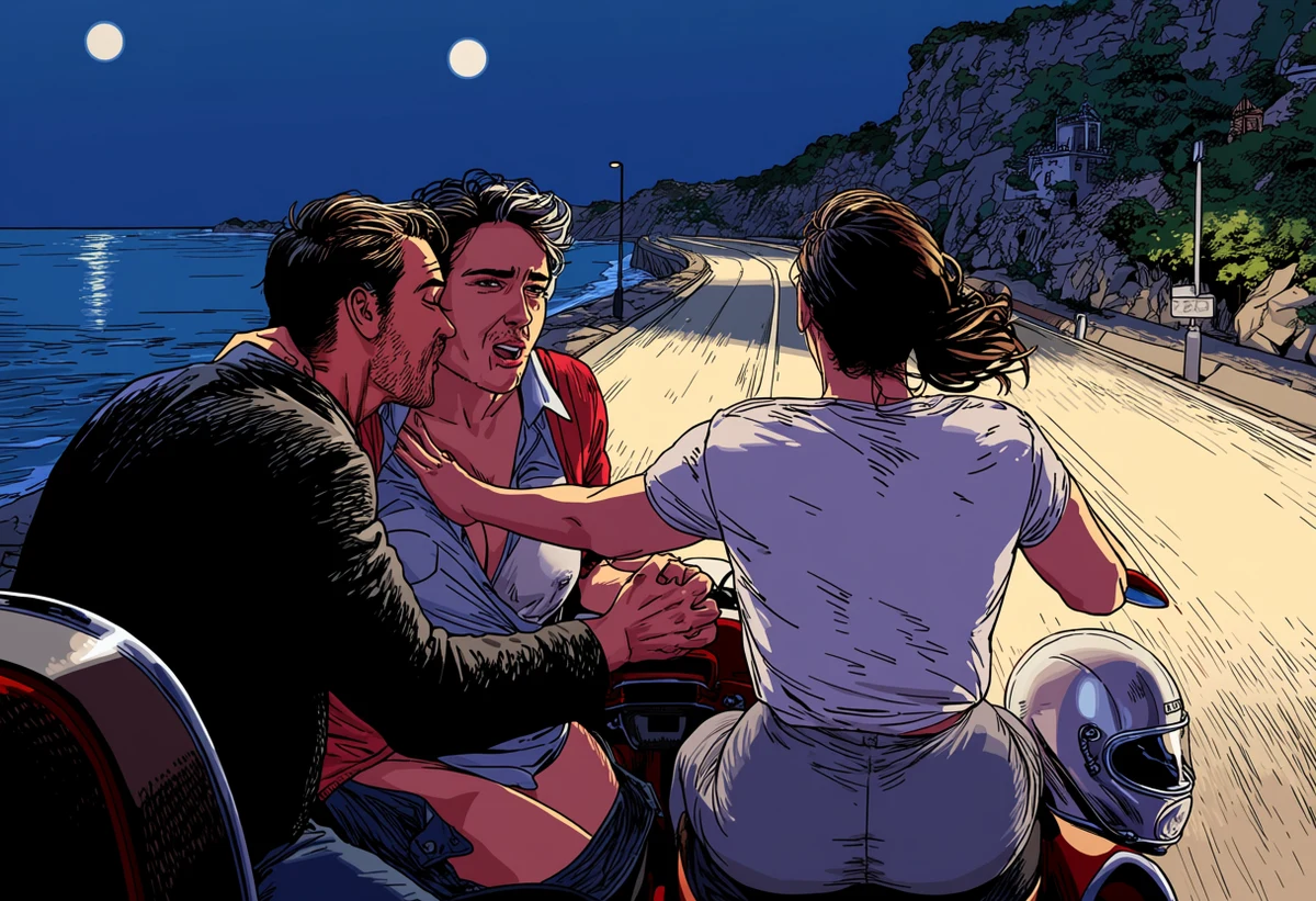 an Italian adult couple age 32 and 34 in an urgent embrace on a coastal road at night beside a vespa, helmet on the seat, moonlit sea, explicit adult illustration