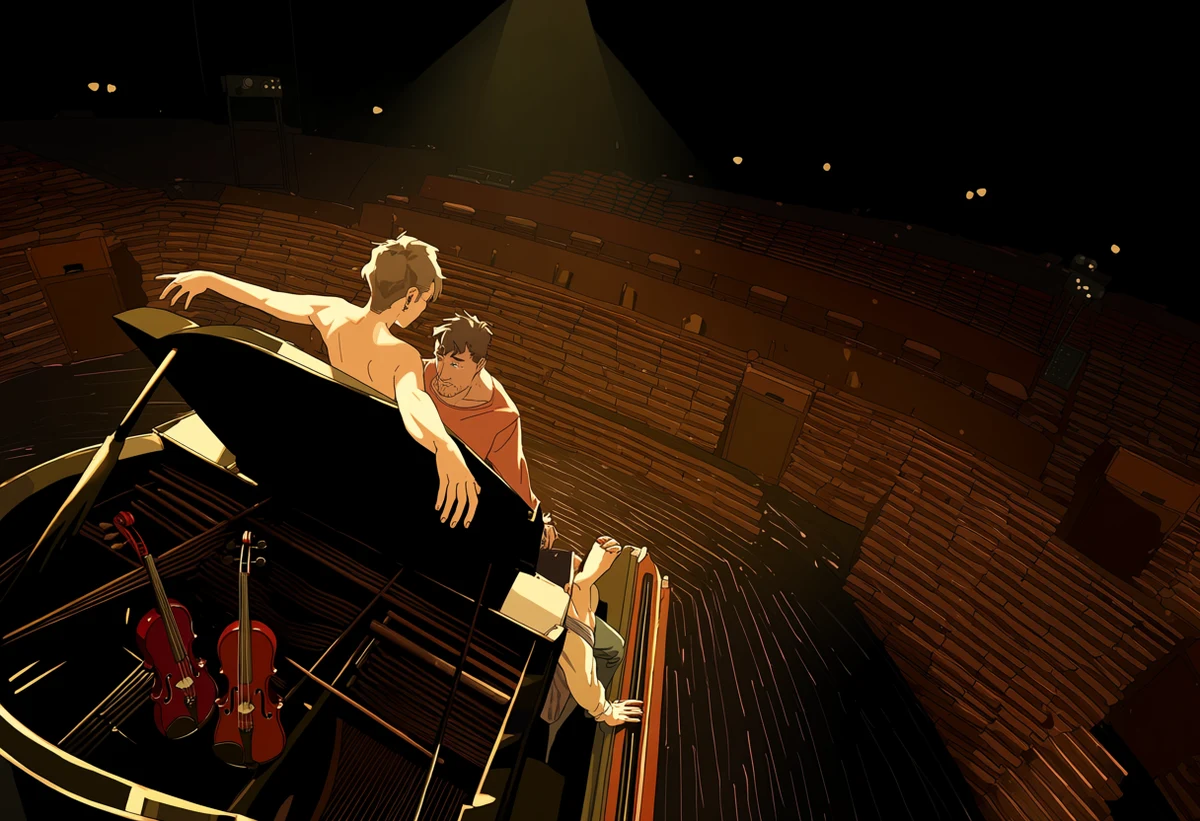 two adult men age 36 and 32 in an empty concert hall, a violin set down, one leaning back over the piano lid, dust and stage light, yaoi art style